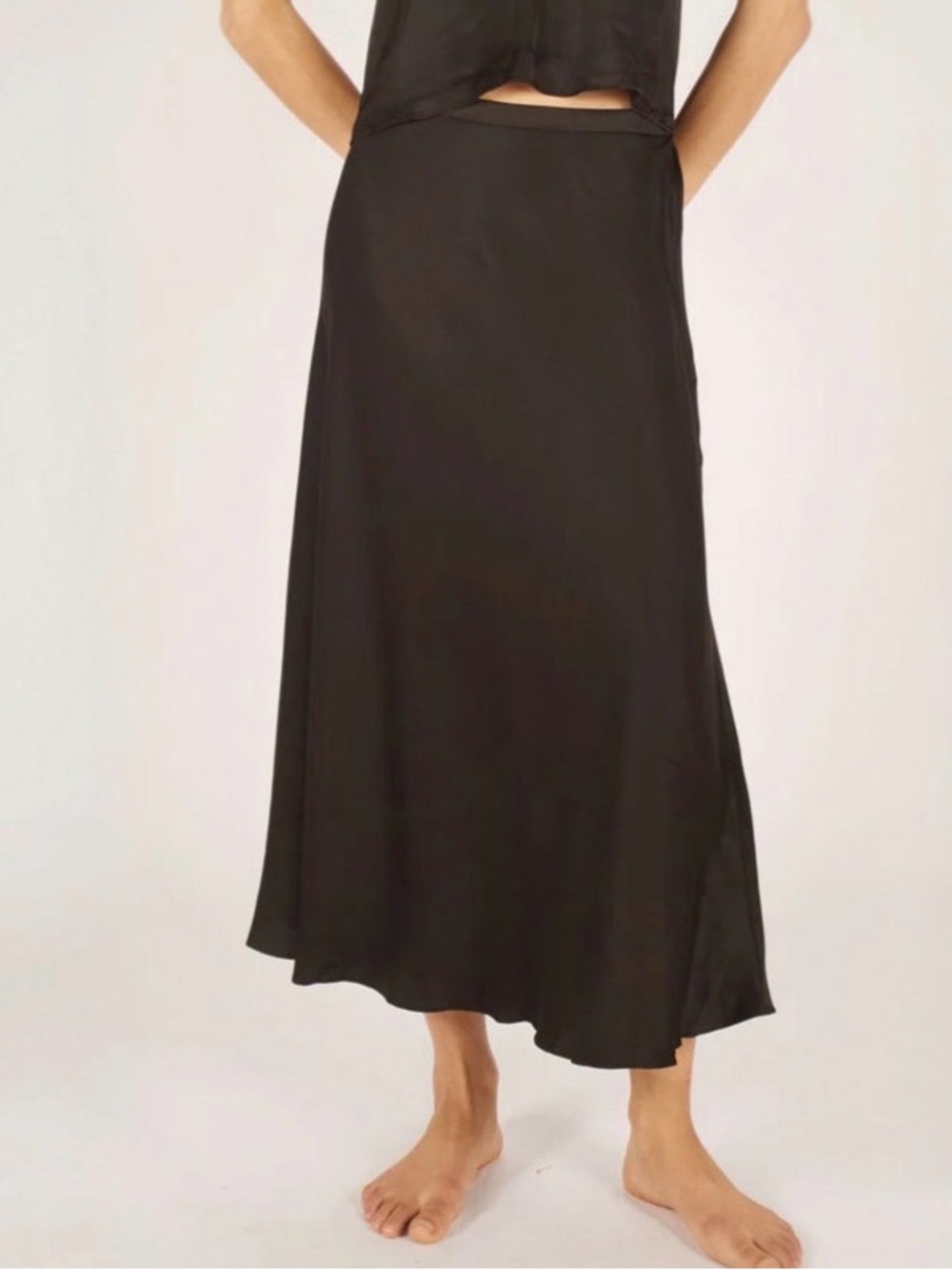 Traffic People Black Satin Midi Slip Skirt